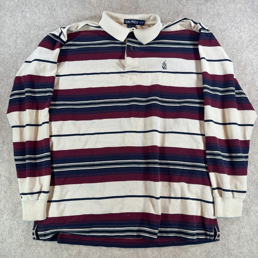 Vintage Nautica Rugby Polo Shirt Mens Size Large Striped Long Sleeve Cotton